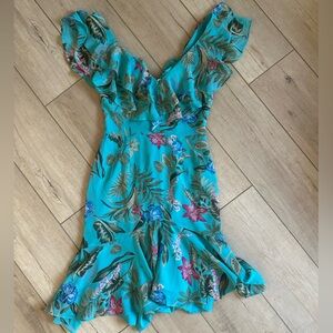 Wayf Blue and Pink Midi Dress with Floral Design